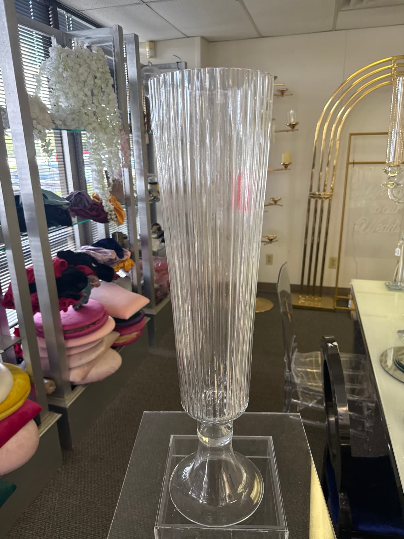 Clear Trumpet Vase 26" in a styled event setting